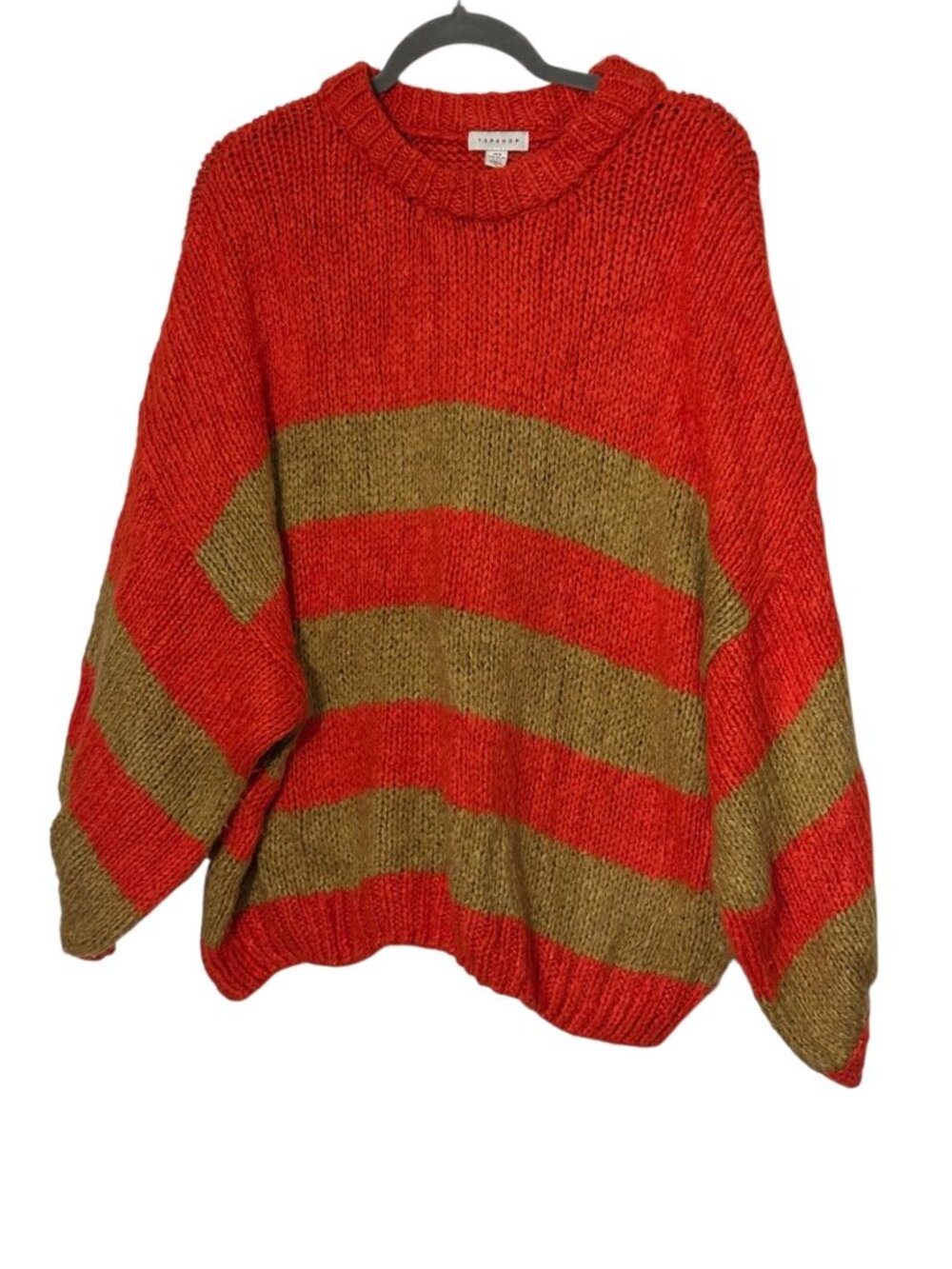 Topshop Chunky Knit Colorblock Sweater Orange Brown Striped Oversized Crewneck W